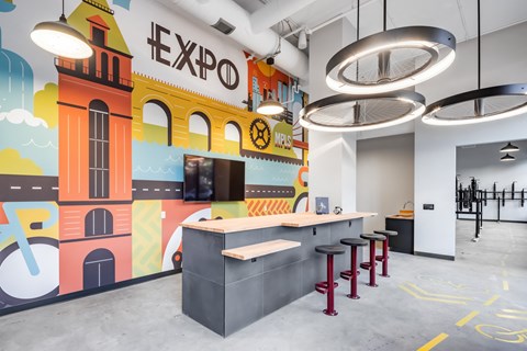 a rendering of the lobby of exo brewing company with a counter and stools at Expo, Minneapolis Minnesota