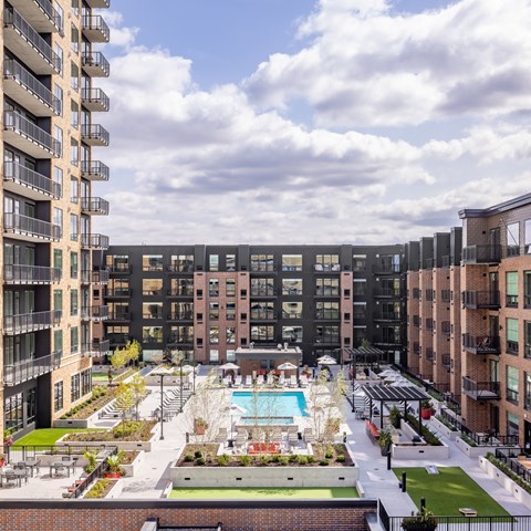 an aerial view of an apartment complex with a swimming pool at Expo, Minneapolis, 55414
