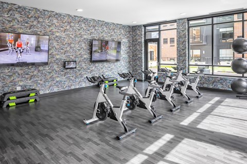 a gym with treadmills and exercise balls on the floor at Expo, Minneapolis, MN