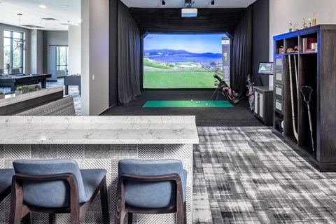 a clubhouse with a bar and a view of a golf course at Expo, Minneapolis, MN 55414