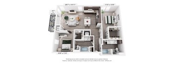 Two bedroom 3D floor plan with open layout at The Flats at West End Apartments, St. Louis Park, 55416
