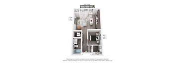 3D floor plan of one bedroom apartment layout at The Flats at West End Apartments, St. Louis Park, Minnesota