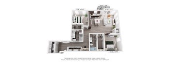 3D floor plan with two bedrooms and open living area at The Flats at West End Apartments, Minnesota