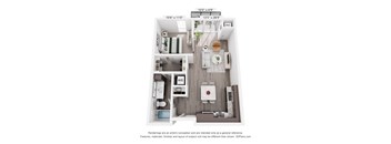 One bedroom 3D floor plan with balcony at The Flats at West End Apartments, St. Louis Park, MN