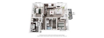 3D floor plan with two bedrooms and patio at The Flats at West End Apartments, St. Louis Park