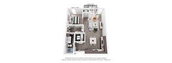 One bedroom 3D floor plan with open living space at The Flats at West End Apartments, Minnesota