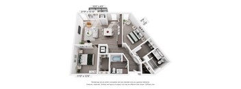 Two bedroom apartment 3D floor plan rendering at The Flats at West End Apartments, St. Louis Park, MN 55416