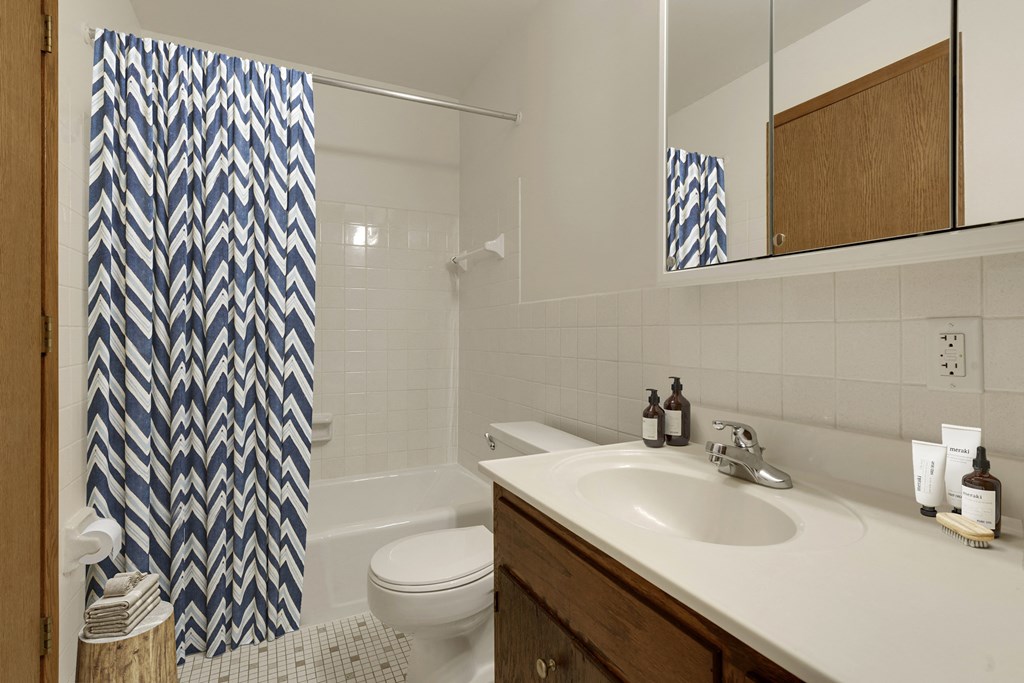 a bathroom with a white sink and toilet and a blue and white shower curtain at Hamline Terrace, Roseville, Minnesota