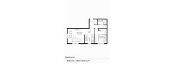 floor plan of the Hazelnut 1 bedroom | 1 bath | 650 sq ft