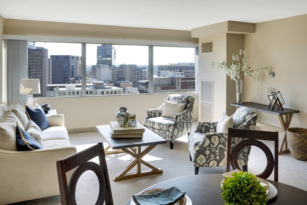 Living room and kitchen area at Kellogg Square, St. Paul