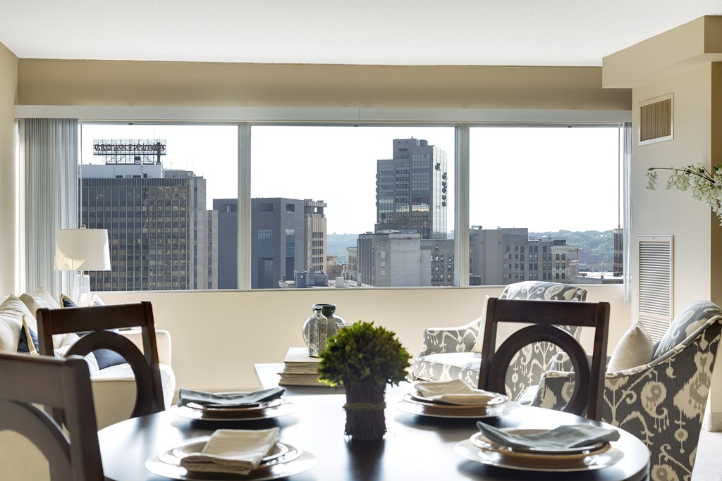 Living room window at Kellogg Square, St. Paul, MN