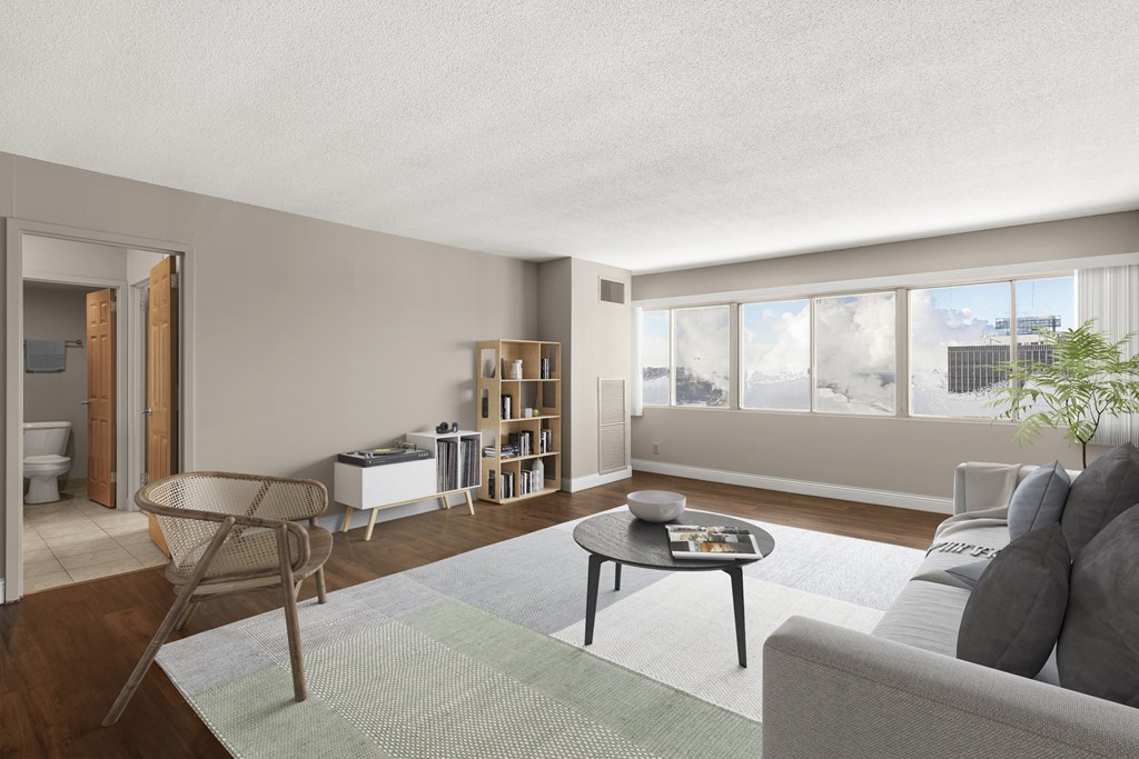 Living Room With Expansive Window at Kellogg Square, St. Paul, MN, 55101