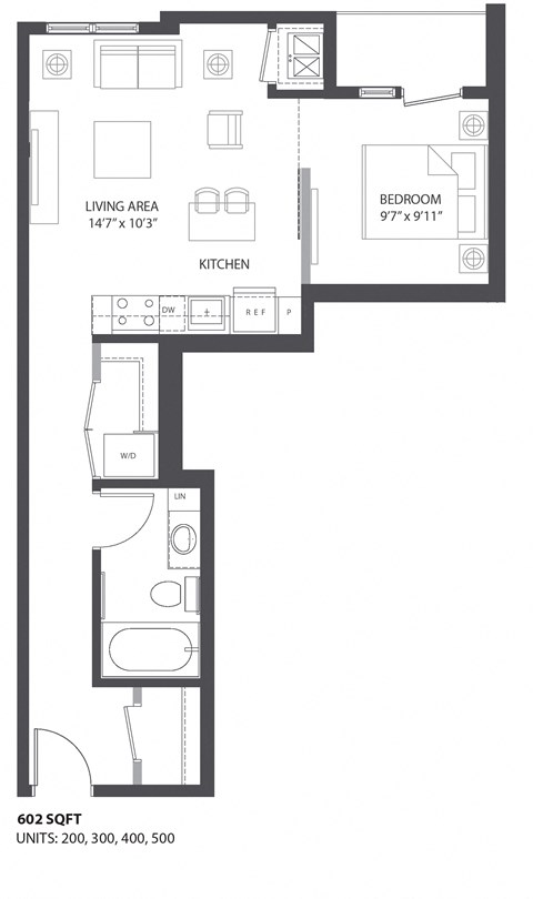 1 bed 1 bath floor plan Mat The Palmer, Minneapolis, MN