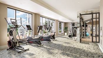 a workout room with treadmills and other exercise equipment in front of windows at Lilia, Lilydale