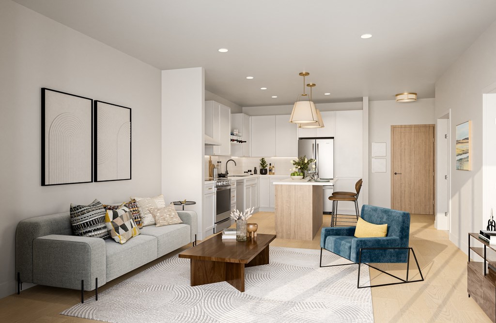 a living room and kitchen in an open floor plan at Lilia, Minnesota, 55118