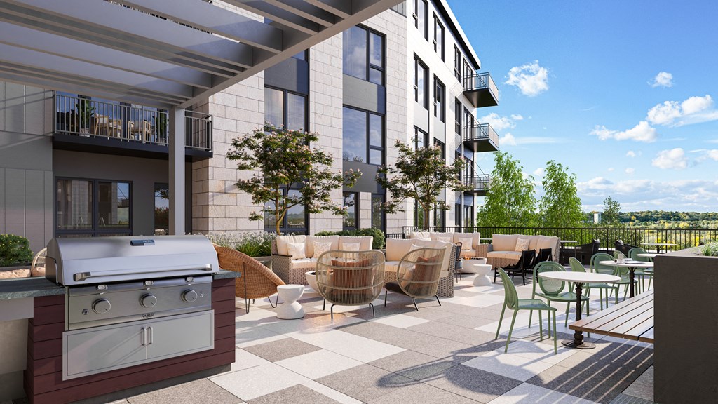 a rendering of an outdoor patio with a grill and tables and chairs at Lilia, Lilydale, MN