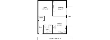 A floor plan for a 600 square foot home with a living room, bedroom, patio, kitchen, bathroom, and closet.