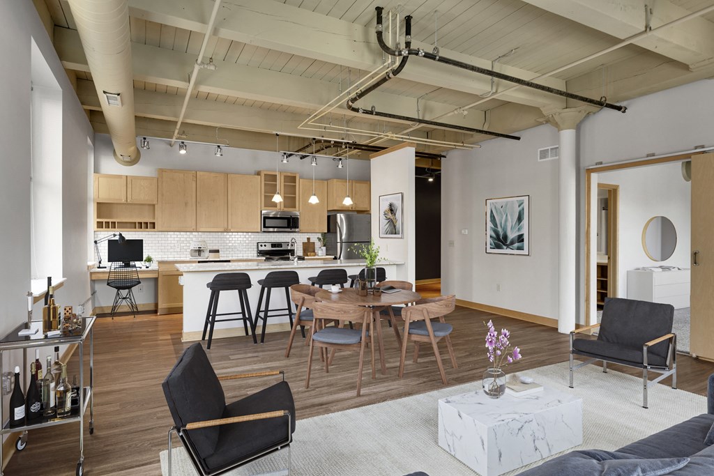 Modern living area at Lowertown Lofts, St. Paul, 55101