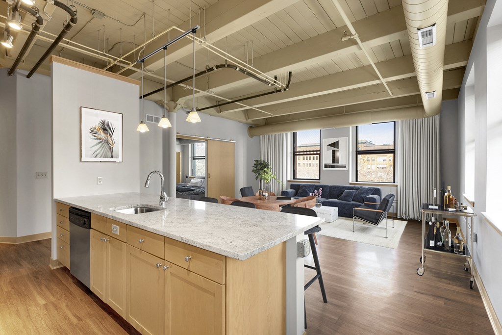 Kitchen + Living at Lowertown Lofts, St. Paul, MN