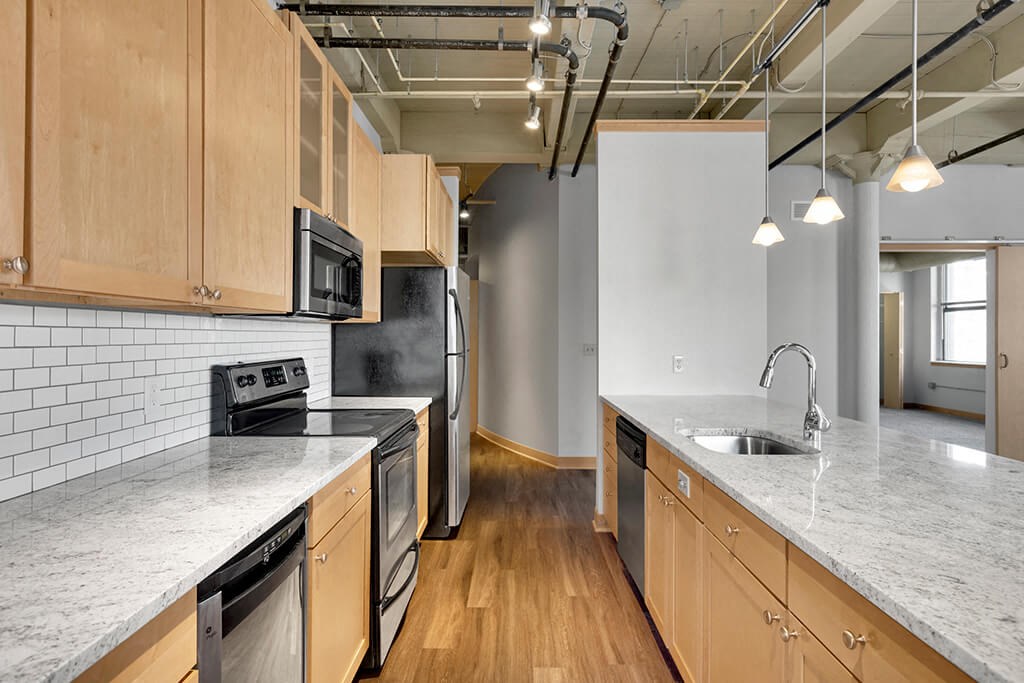 Kitchen interior at Lowertown Lofts, St. Paul, MN, 55101