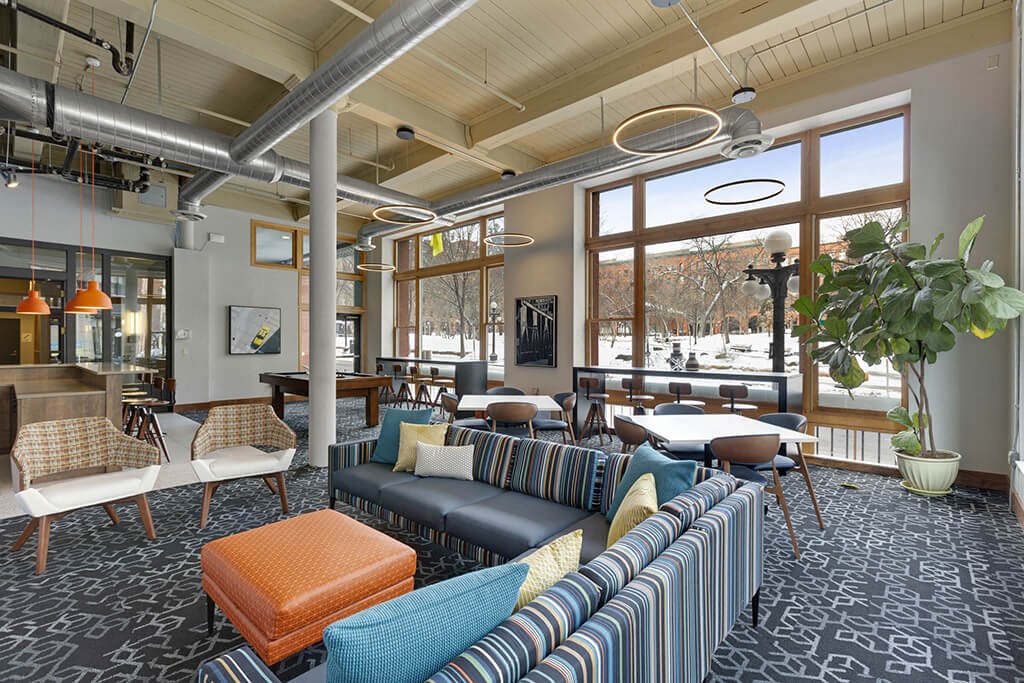 Sofa in living room at Lowertown Lofts, Minnesota