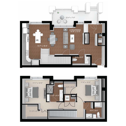 2 bedroom floor plan  apartments in the residences at at Expo, Minneapolis, MN 55414