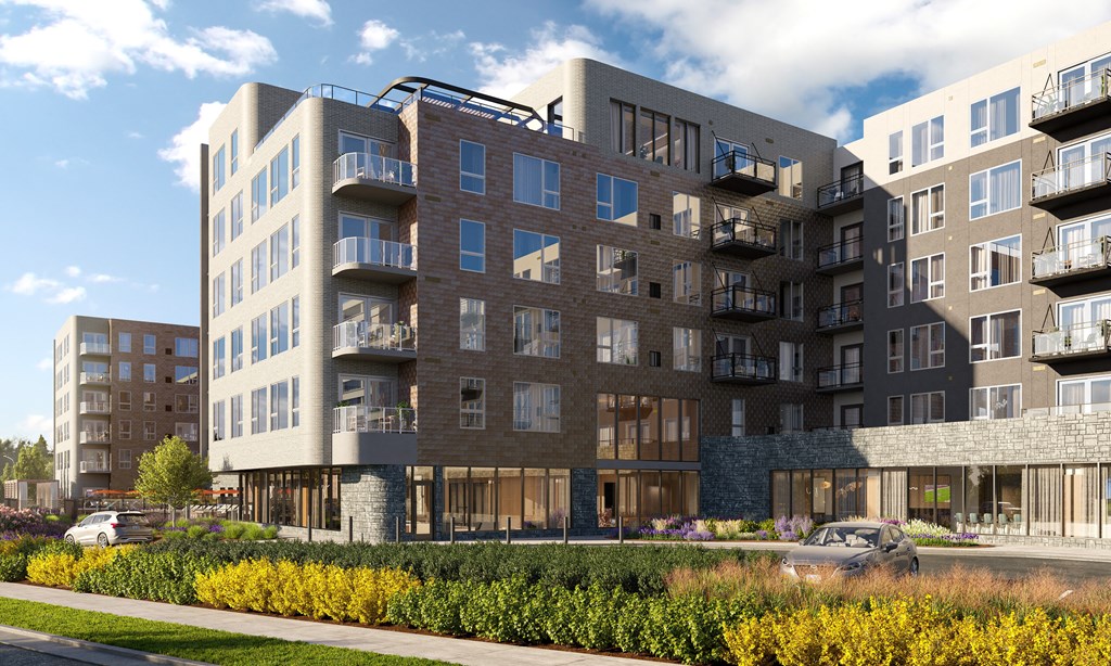 a rendering of an apartment building on a city street at The Mera, St Louis Park, MN