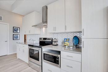 Designer Kitchen with Stainless Vent Hood, Herringbone Backsplash and Quartz Counters at The Whit, Minneapolis