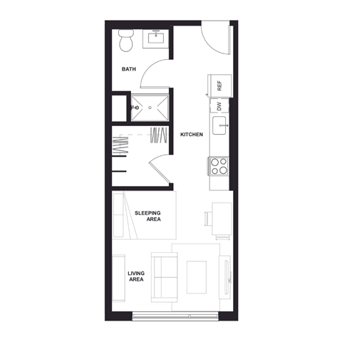 a floor plan of a small apartment with a bedroom and a living room at Zelia on Seven, Minnesota, 55416