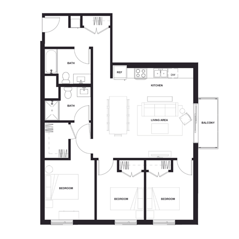 floor plan of the apartment with living room and bedrooms at Zelia on Seven, Minnesota, 55416