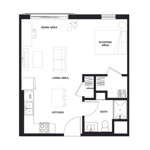 a floor plan of a unit with a bedroom and a living room at Zelia on Seven, St Louis Park, Minnesota