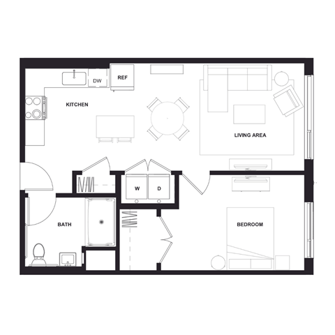 a floor plan of a residence with an open floor plan at Zelia on Seven, Minnesota, 55416