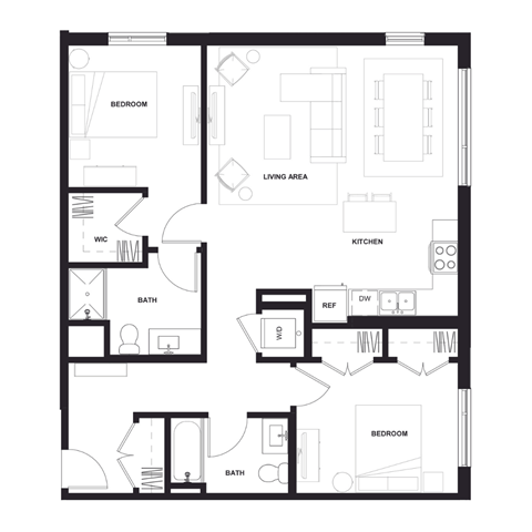 a floor plan of a residence with floor plans of different rooms and a living room  at Zelia on Seven, St Louis Park