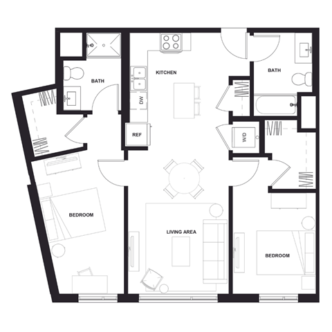 a floor plan of a residence with a large open floor plan  at Zelia on Seven, St Louis Park, Minnesota