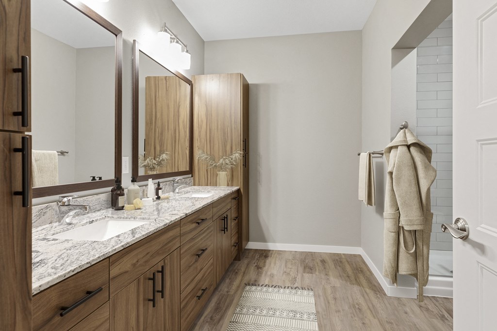 Upstairs Bathroom with Large Vanity and Built-In Storage at Nuvelo at Parkside, Apple Valley