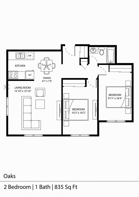 the floor plan of oaks 2 bedroom unit