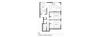 a floor plan for a two bedroom unit with a bathroom and a balcony