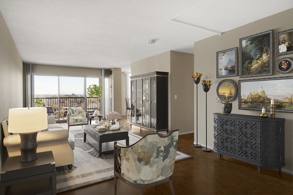 a living room filled with furniture and a large window at The Edina Towers, Minnesota, 55435
