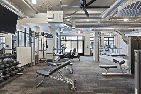 Gym with weights and cardio equipment at The Palmer, Minneapolis, MN, Minnesota, 55401