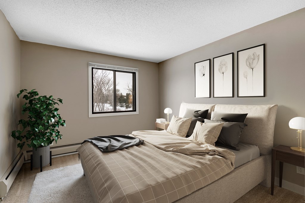 an empty bedroom with a bed and a window