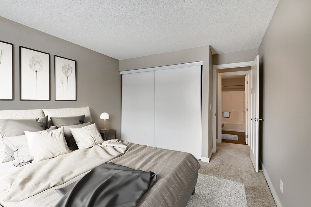 a bedroom with a large bed and a closet