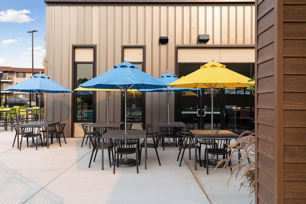 Covered tables outside at Villages on McKnight, St. Paul, MN