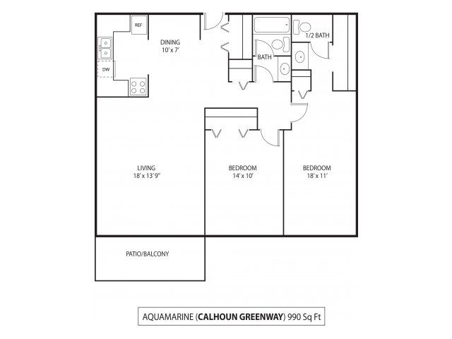 The Calhoun Greenway Aquamarine Floor Plan The Calhoun Greenway Apartments in Minneapolis, MN 2 Bedroom 1.5 Bath
