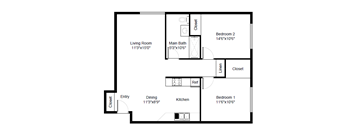 A floor plan of a small apartment with two bedrooms, a living room, a dining area, a kitchen, and a main bathroom.