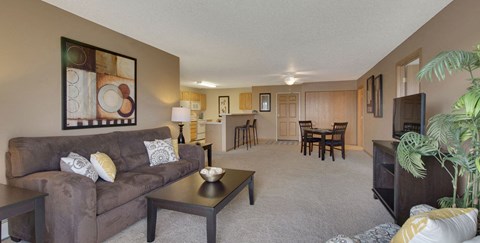 A living room with a brown couch and a coffee table.