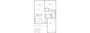 Aspen 1 bedroom 1 bathroom 863 Sq.Ft. floor plan A at Hawthorne Properties, Lafayette, IN 47905