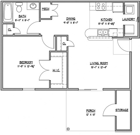 Cedar 1 bedroom 1 bathroom 720 Sq.Ft. floor plan at Hawthorne Properties, Lafayette, IN 47905