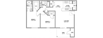 Cypress 2 bedroom 2 bathroom 1,079 Sq.Ft. Floor Plan at Hawthorne Properties, Lafayette, IN 47905