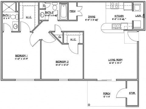 Cypress 2 bedroom 2 bathroom 1,079 Sq.Ft. Floor Plan at Hawthorne Properties, Lafayette, IN 47905