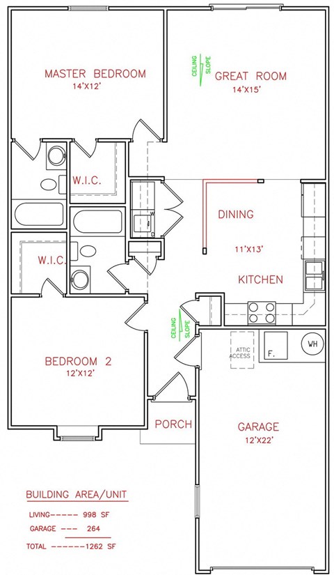 Mulberry 2 bedroom 1 bathroom 998 Sq.Ft. floor plan  at Hawthorne Properties, Lafayette, IN, 47905